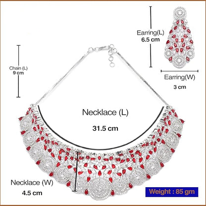 Jewelry set with necklace and earrings, including measurements and weight, on a white background.