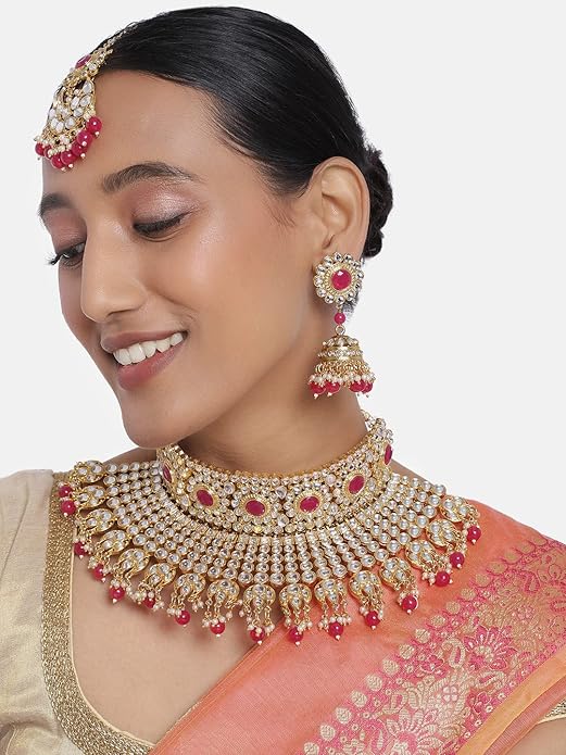 Bridal Necklace and Earring Set in Traditional Kundan Pearl Studded Bridal Choker with Earrings and Maang Tikka Jewellery Set for Women
