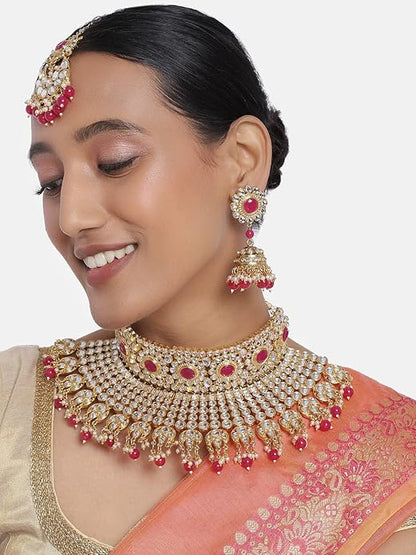 Bridal Necklace and Earring Set in Traditional Kundan Pearl Studded Bridal Choker with Earrings and Maang Tikka Jewellery Set for Women