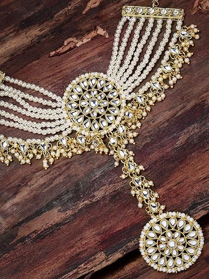 Wedding Bracelet in Gold Kundan & Pearl Mesmerising Hand Harness Style