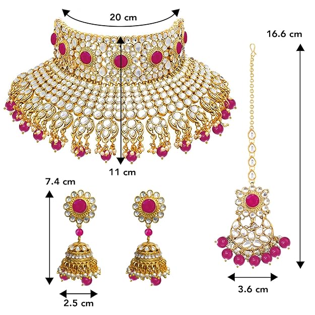 Bridal Necklace and Earring Set in Traditional Kundan Pearl Studded Bridal Choker with Earrings and Maang Tikka Jewellery Set for Women