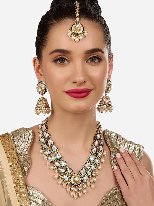 Green Long Necklace Meenakari Bridal Set
