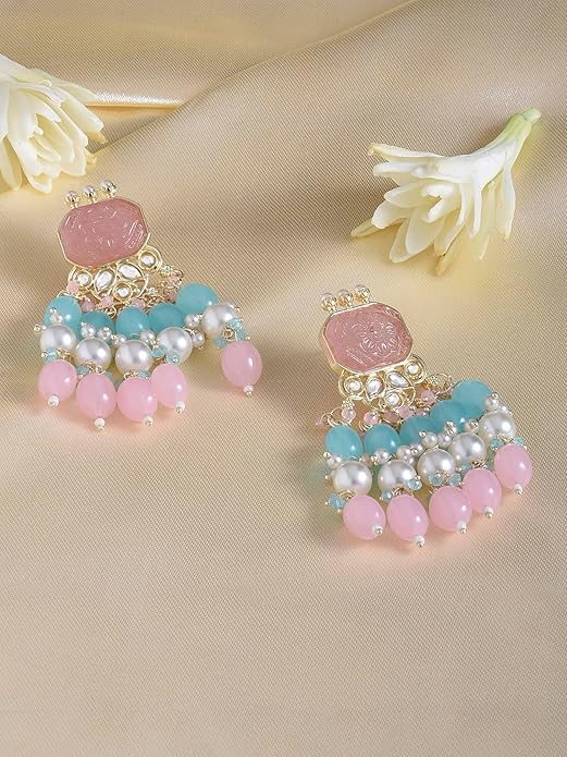 Turquoise Drop Earrings in Pink and Turquoise Stone Cluster Beads Gold Tone Design