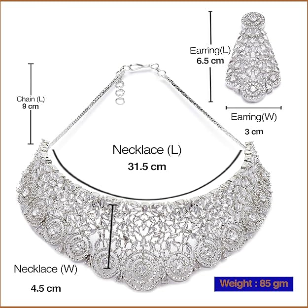 Jewelry set with necklace and earrings, including measurements and brand name 'Desi Dazzling'.