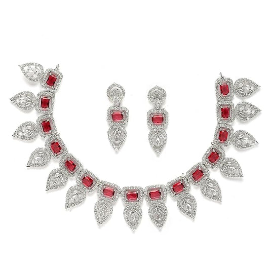 American Diamond Emerald Necklace In Leaf Style Rose Gold