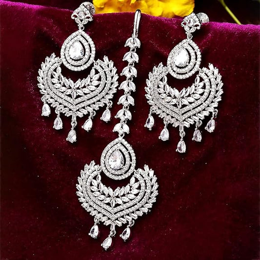 Small Diamond Maang Tikka in Rhodium Plated Stylish Shiny Round Design Earring Set