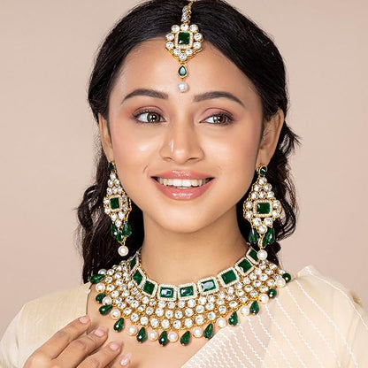 Crystal Choker Necklace with Maang Tikka and Earrings Indian Traditional Bridal Wedding Jewellery Set for Women