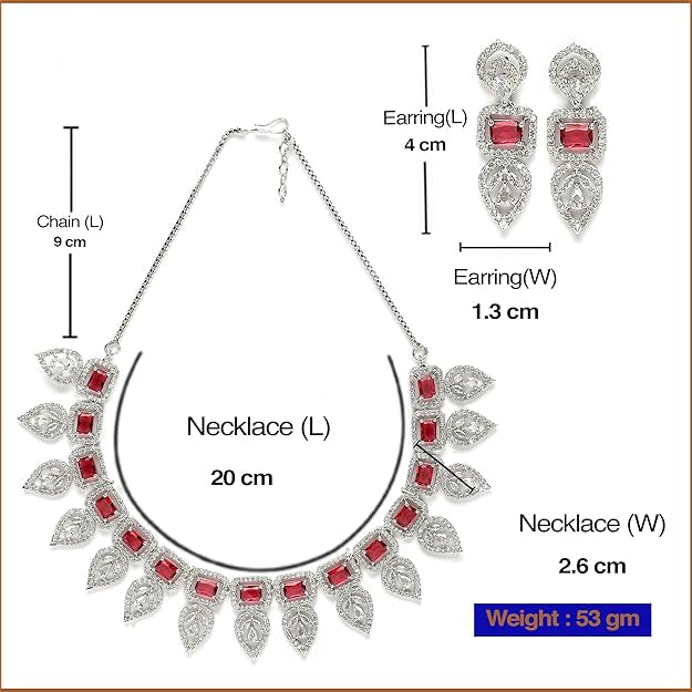 American Diamond Emerald Necklace in Leaf Style Rectangle Shaped AD Studded Rose Gold Plated Necklace Jewellery Set for Women and Girls
