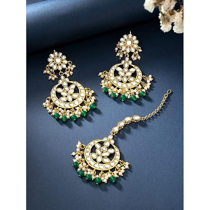 Mang Tikka for Women in Traditional Kundan & Pearl Earring Jewellery Set