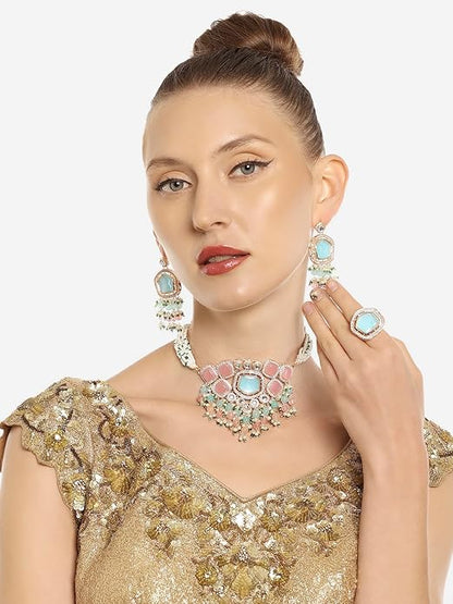 Meenakari Choker Set Blue Pink Kundan Stone & Beads