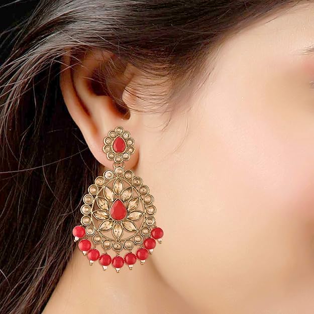 Kundan Chandbali Earrings in Gold Plated Antique Finish Bridal Maang Tikka Set