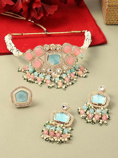 Meenakari Choker Set Blue Pink Kundan Stone & Beads