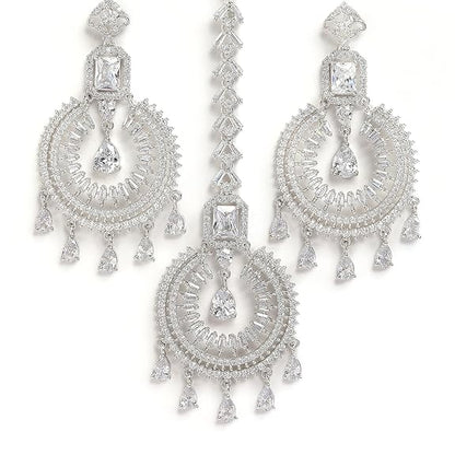 Diamond Shape Maang Tikka in Rhodium Plated Stylish Shiny Round Design Earring Jewellery Set