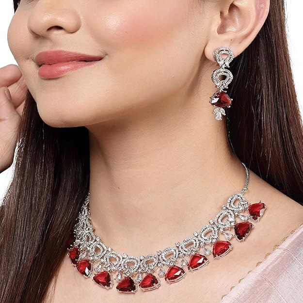 AD Necklace Set in Rhodium Plated Silver Toned Red and White American Diamond Studded Choker Necklace with Drop Earrings