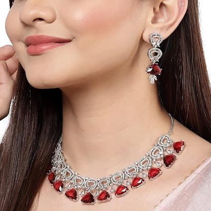 AD Necklace Set in Rhodium Plated Silver Toned Red and White American Diamond Studded Choker Necklace with Drop Earrings