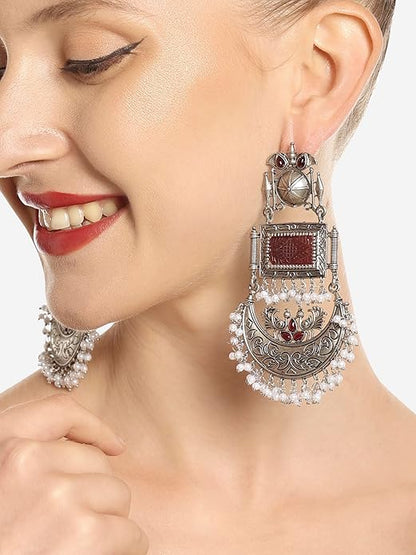 Maroon Stone Beads Oxidised Dangle Earrings