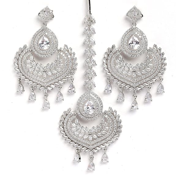 Small Diamond Maang Tikka in Rhodium Plated Stylish Shiny Round Design Earring Set