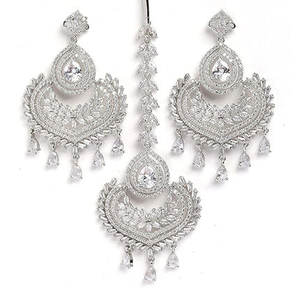 Small Diamond Maang Tikka in Rhodium Plated Stylish Shiny Round Design Earring Set