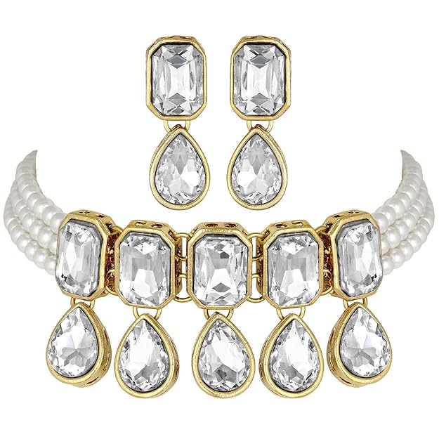 Indian Choker Set in Traditional Crystal and Pearl Choker Necklace with Earrings Jewellery Set for Women and Girls