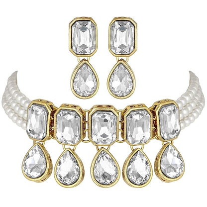 Indian Choker Set in Traditional Crystal and Pearl Choker Necklace with Earrings Jewellery Set for Women and Girls