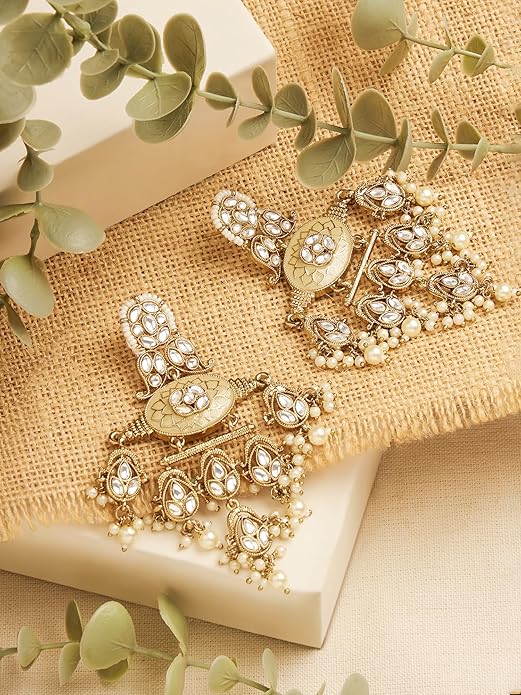 Gold Tone Pearl Cluster Meenakari Kundan Dangler Earrings