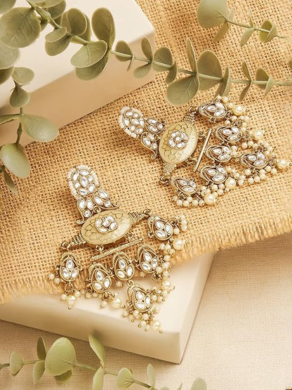 Gold Tone Pearl Cluster Meenakari Kundan Dangler Earrings