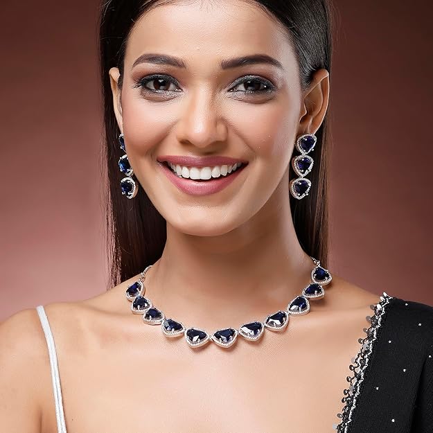 American Diamond Indian Jewellery in Rhodium Plated Silver Toned Triangular Shaped AD Studded Jewellery Set for Women and Girls