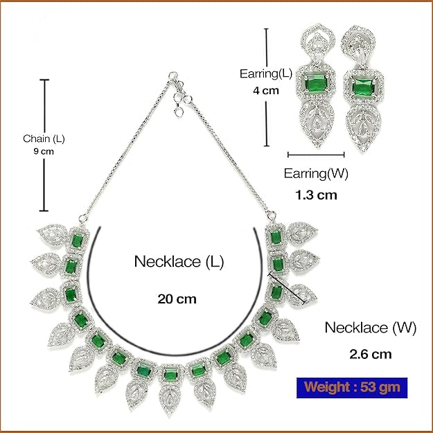 American Diamond Emerald Necklace in Leaf Style Rectangle Shaped AD Studded Rose Gold Plated Necklace Jewellery Set for Women and Girls