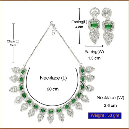 American Diamond Emerald Necklace in Leaf Style Rectangle Shaped AD Studded Rose Gold Plated Necklace Jewellery Set for Women and Girls