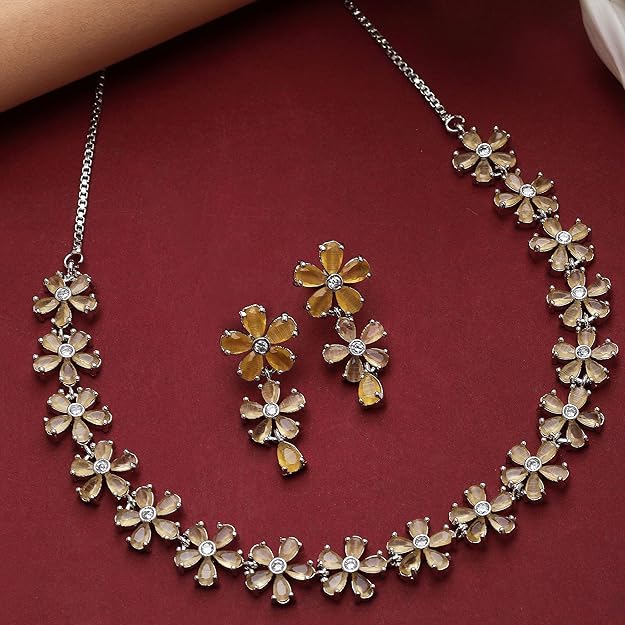 American Diamond Jewellery in Silver in Rhodium Plated Silver Toned White AD Studded Flower Shaped Jewellery Set