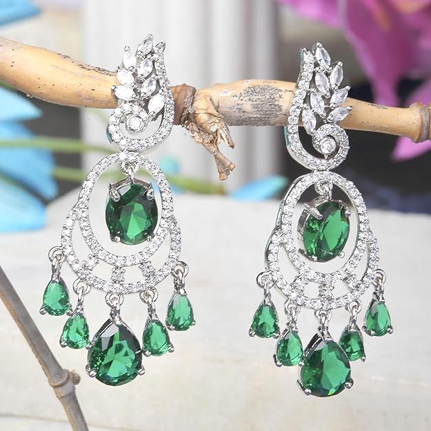 American Diamond Oval Leaf Drop Earrings