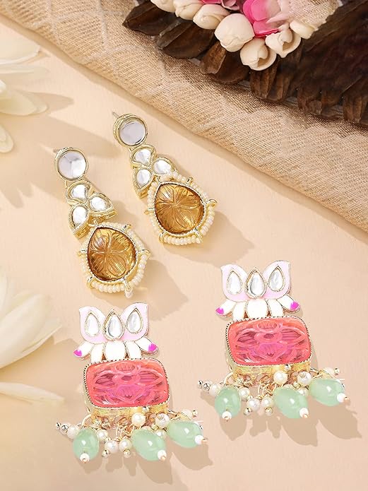 Multicolor Enamel Chand Bali Jhumka Earrings Set Of 2