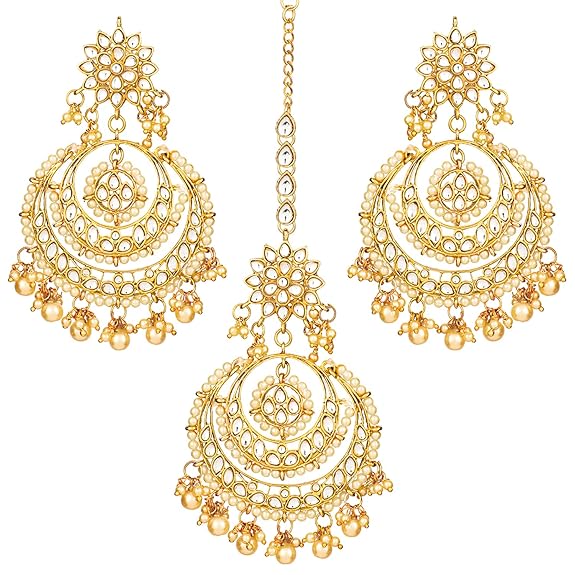 Mang Tikka for Women in Traditional Rhodium Kundan & Pearl Earring Set Design