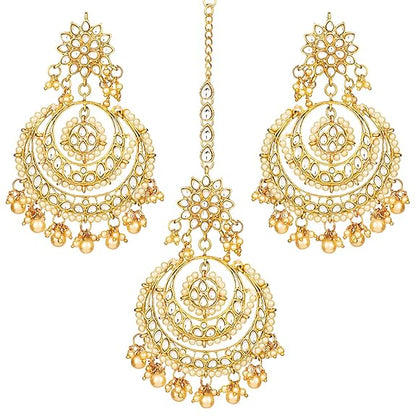 Mang Tikka for Women in Traditional Rhodium Kundan & Pearl Earring Set Design