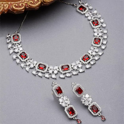 American Diamond Jewellery in Rhodium Plated Silver Toned Green and White AD Studded Necklace and Earrings Set for Women