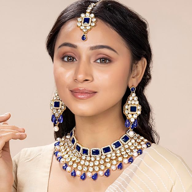 Crystal Choker Necklace with Maang Tikka and Earrings Indian Traditional Bridal Wedding Jewellery Set for Women