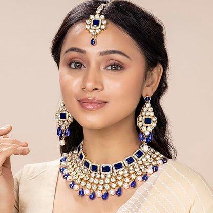 Crystal Choker Necklace with Maang Tikka and Earrings Indian Traditional Bridal Wedding Jewellery Set for Women