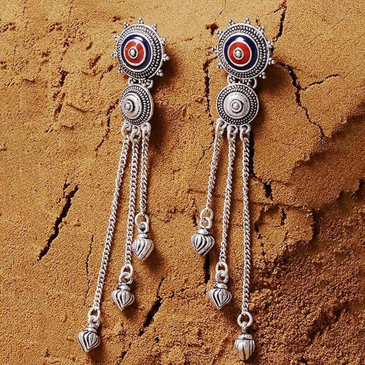Silver Pearl Drop Earrings in Mandala Tassel Drop Design for Women and Girls