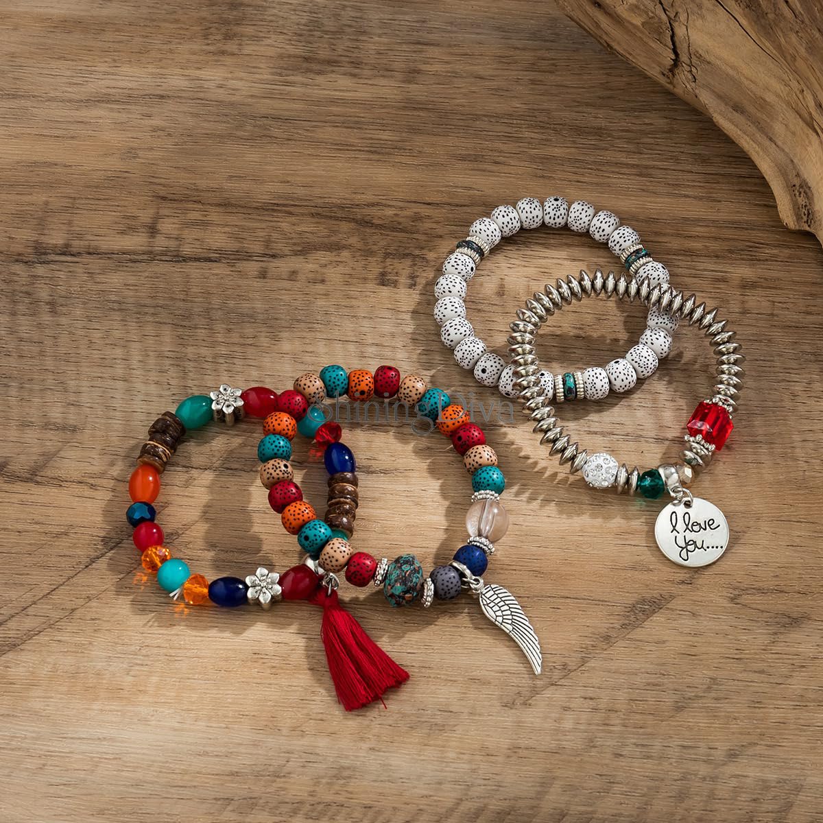 Bohemian I Love You Feather Charm Beaded Multilayer Bracelet for Women & Girls