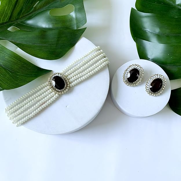 Choker Necklace in Gold Plated Traditional Stone Studded Pearl Choker Necklace Jewellery Set for Women and Girls