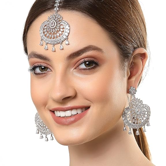 American Diamond Jewelry Set in Rhodium Plated Stylish Shiny Round Design Maang Tikka Earring Jewellery