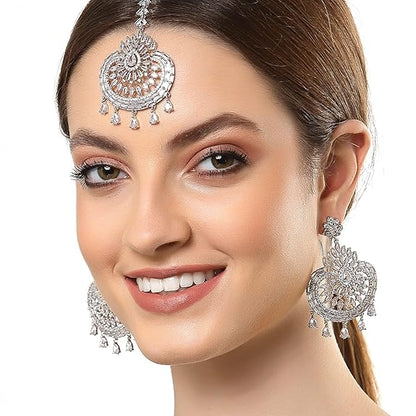 American Diamond Jewelry Set in Rhodium Plated Stylish Shiny Round Design Maang Tikka Earring Jewellery