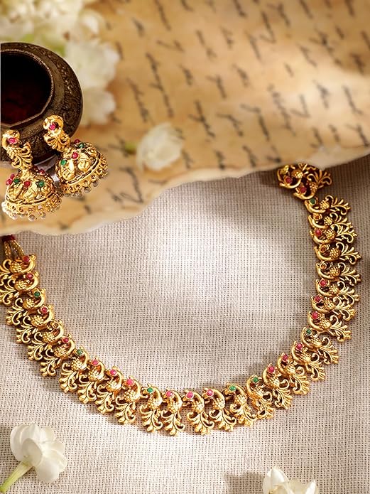 Gold Temple Jewellery Set for Marriage in Gold Plated Floral Traditional Necklace Set for Women and Girls