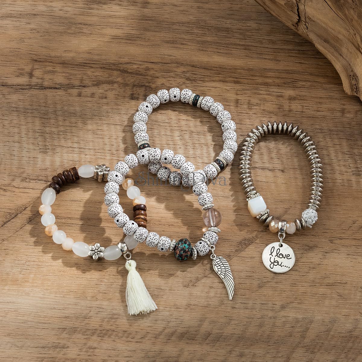 Bohemian I Love You Feather Charm Beaded Multilayer Bracelet for Women & Girls