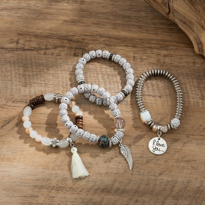 Bohemian I Love You Feather Charm Beaded Multilayer Bracelet for Women & Girls