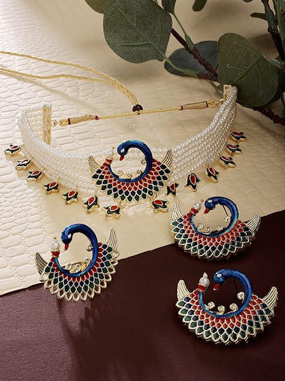 Meenakari Necklace Multicolor Peacock Design Choker Set