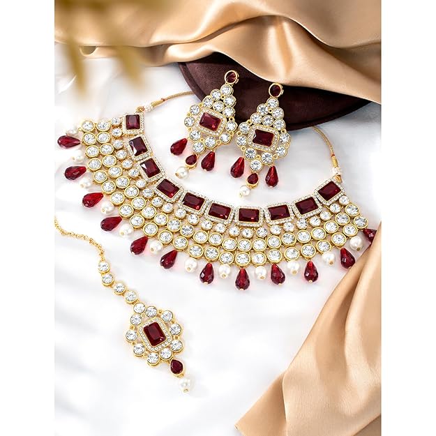 Crystal Choker Necklace with Maang Tikka and Earrings Indian Traditional Bridal Wedding Jewellery Set for Women