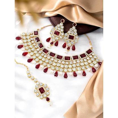 Crystal Choker Necklace with Maang Tikka and Earrings Indian Traditional Bridal Wedding Jewellery Set for Women