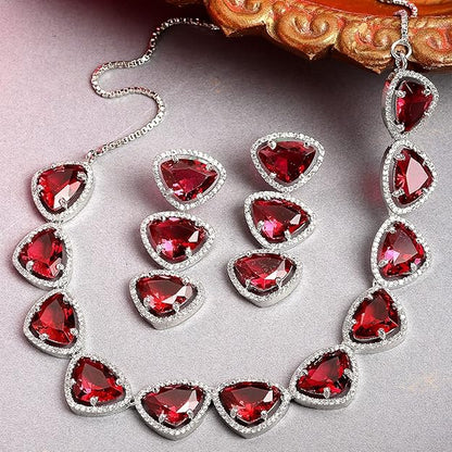 American Diamond Indian Jewellery in Rhodium Plated Silver Toned Triangular Shaped AD Studded Jewellery Set for Women and Girls
