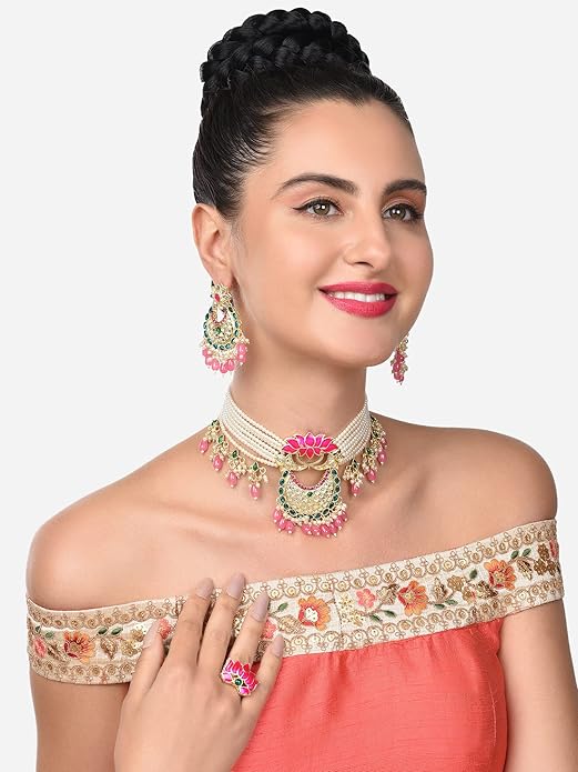 Meenakari Necklace Choker Set Green Pink Lotus